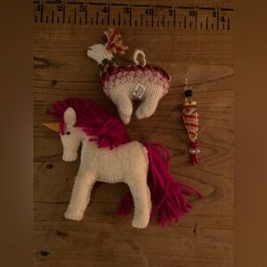 Felt Unicorn, knit Llama and glass Ornaments - Set of 3